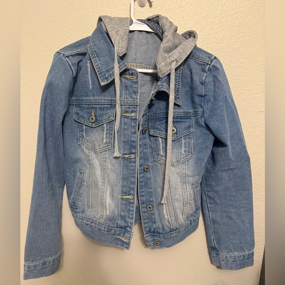 Source Unknown Light Blue Denim Jacket with Gray Hood